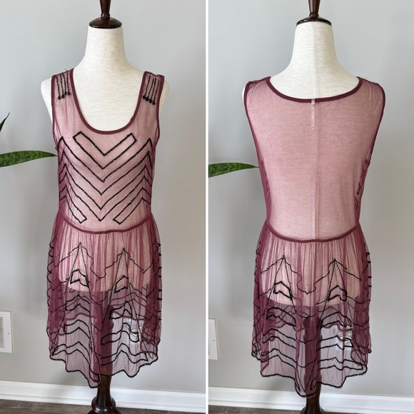 Free People Sheer Burgundy Dress with Black Beaded Embellished Design - Picture 1 of 9